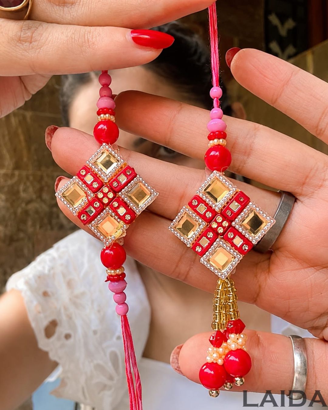 Handcrafted Red Mirror Beaded Lumba Set - Rakhi