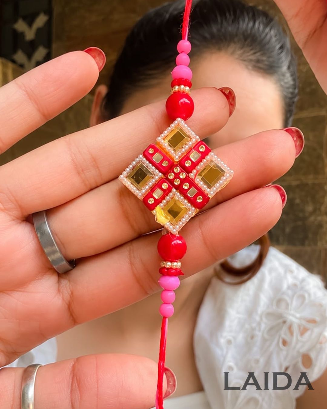 Handcrafted Red Mirror Beaded Lumba Set - Rakhi