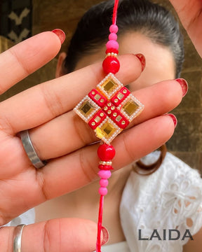 Handcrafted Red Mirror Beaded Lumba Set - Rakhi