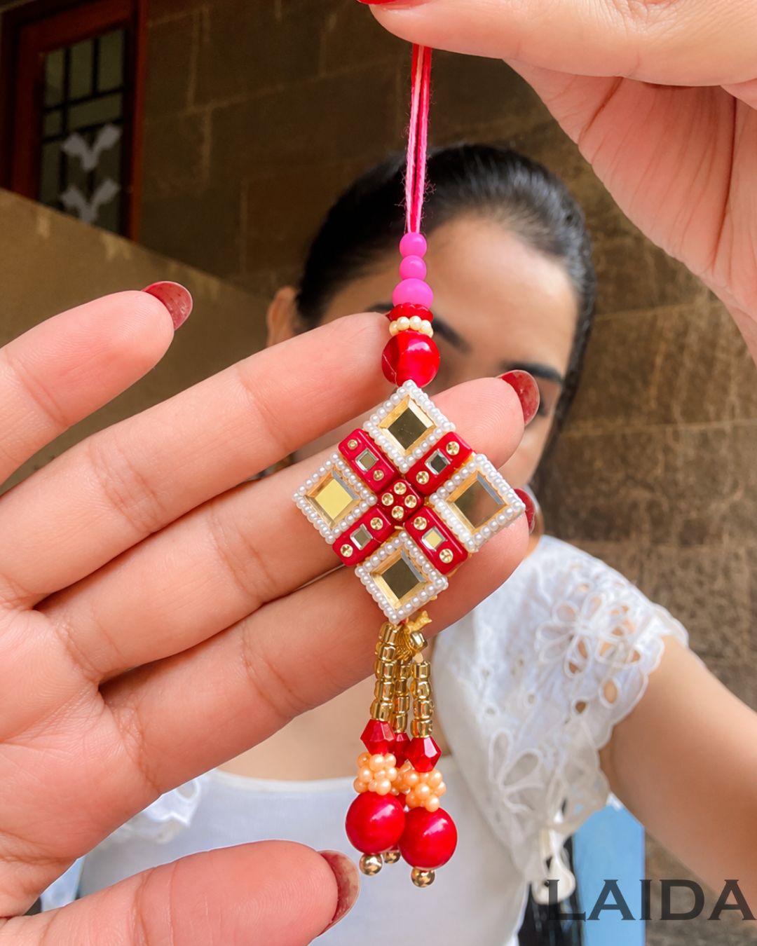 Handcrafted Red Mirror Beaded Lumba Set - Rakhi