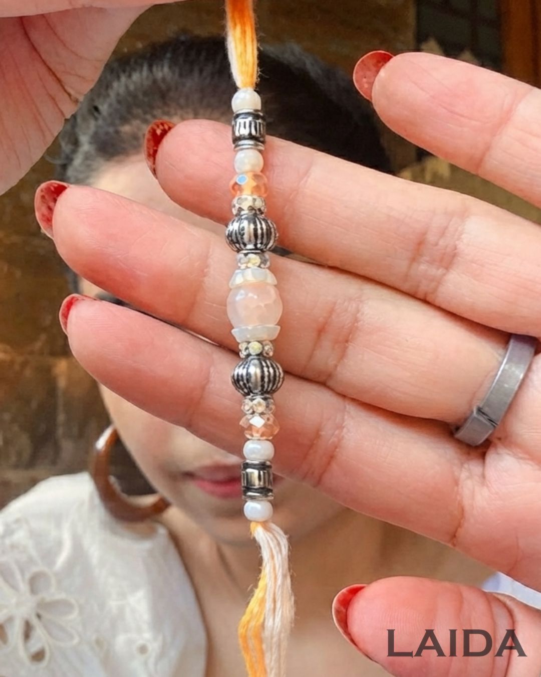 Handcrafted Peach Resin pearl Lumba Set - Rakhi