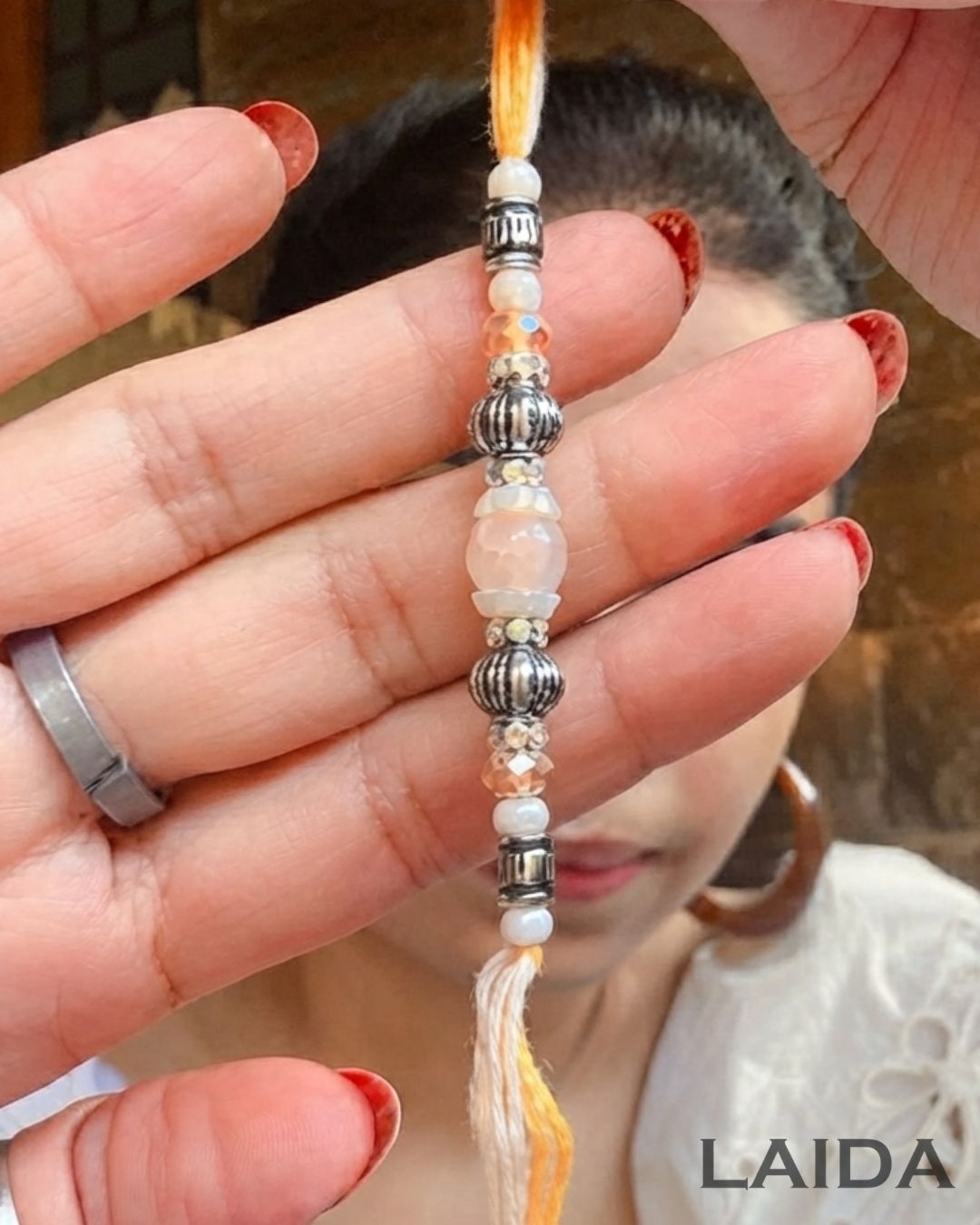 Handcrafted Peach Resin pearl Lumba Set - Rakhi