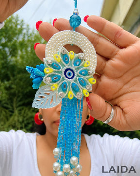 Handcrafted Turquiose Pearl Tassel Evil Eye Lumba Set - Rakhi