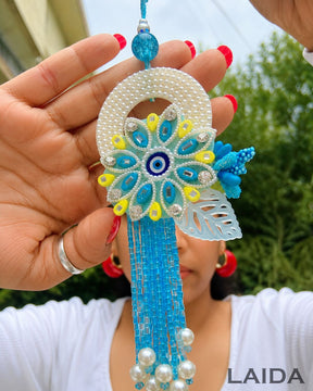 Handcrafted Turquiose Pearl Tassel Evil Eye Lumba Set - Rakhi