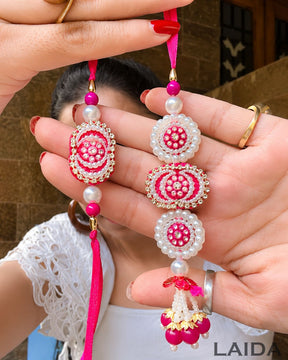 Handcrafted Pink Pearl Beaded Lumba Set - Rakhi