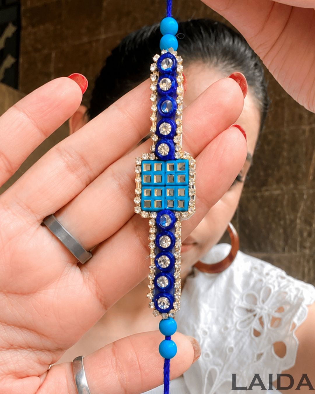 Handcrafted Blue Mirror Beaded Lumba Set - Rakhi