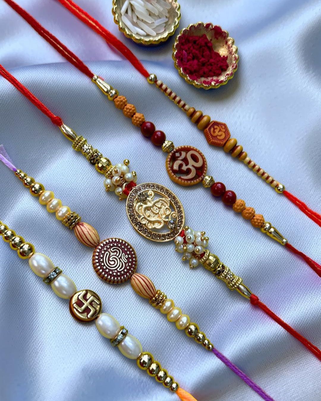 Set of 5 Rakhis - Ganesh Swastik and Om Rakhis
