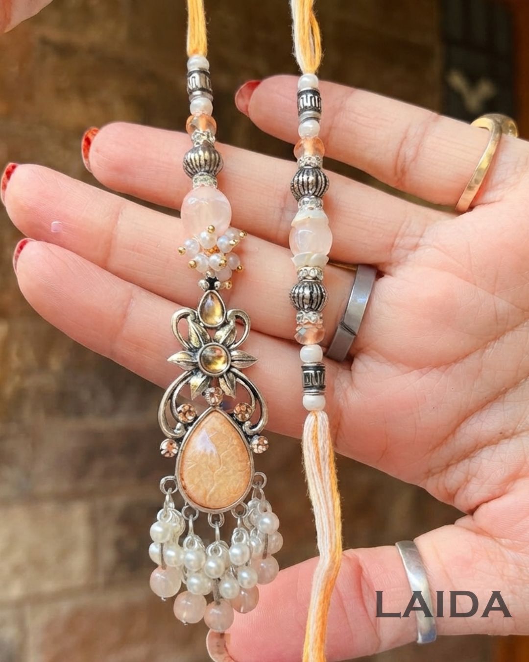 Handcrafted Peach Resin pearl Lumba Set - Rakhi