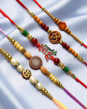 Set of 5 Rakhis - Om Swastik and Bhai Rakhi