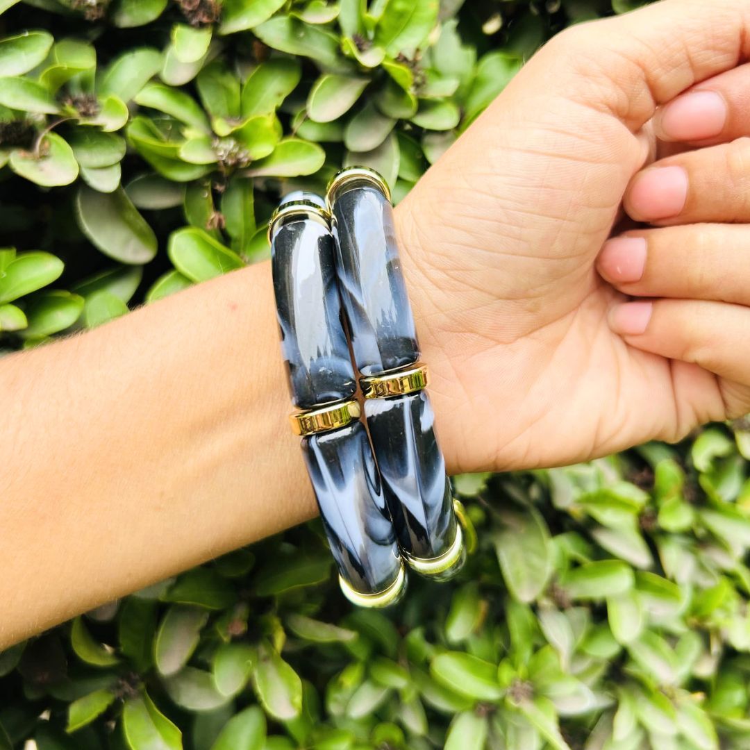 Vintage Acrylic Bracelet Set  - Yellow And Navy Blue