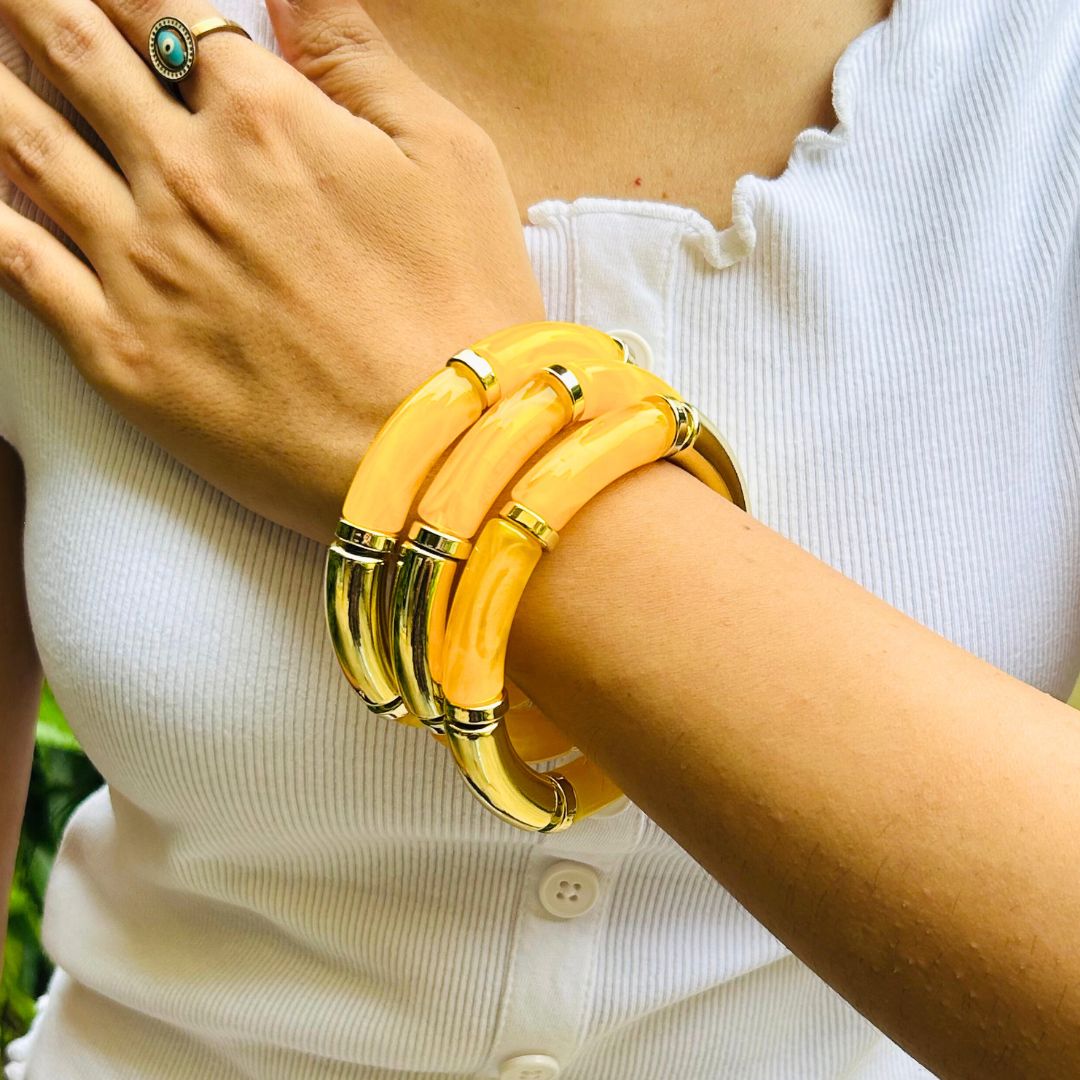 Vintage Acrylic Bracelet Set  - Yellow And Navy Blue