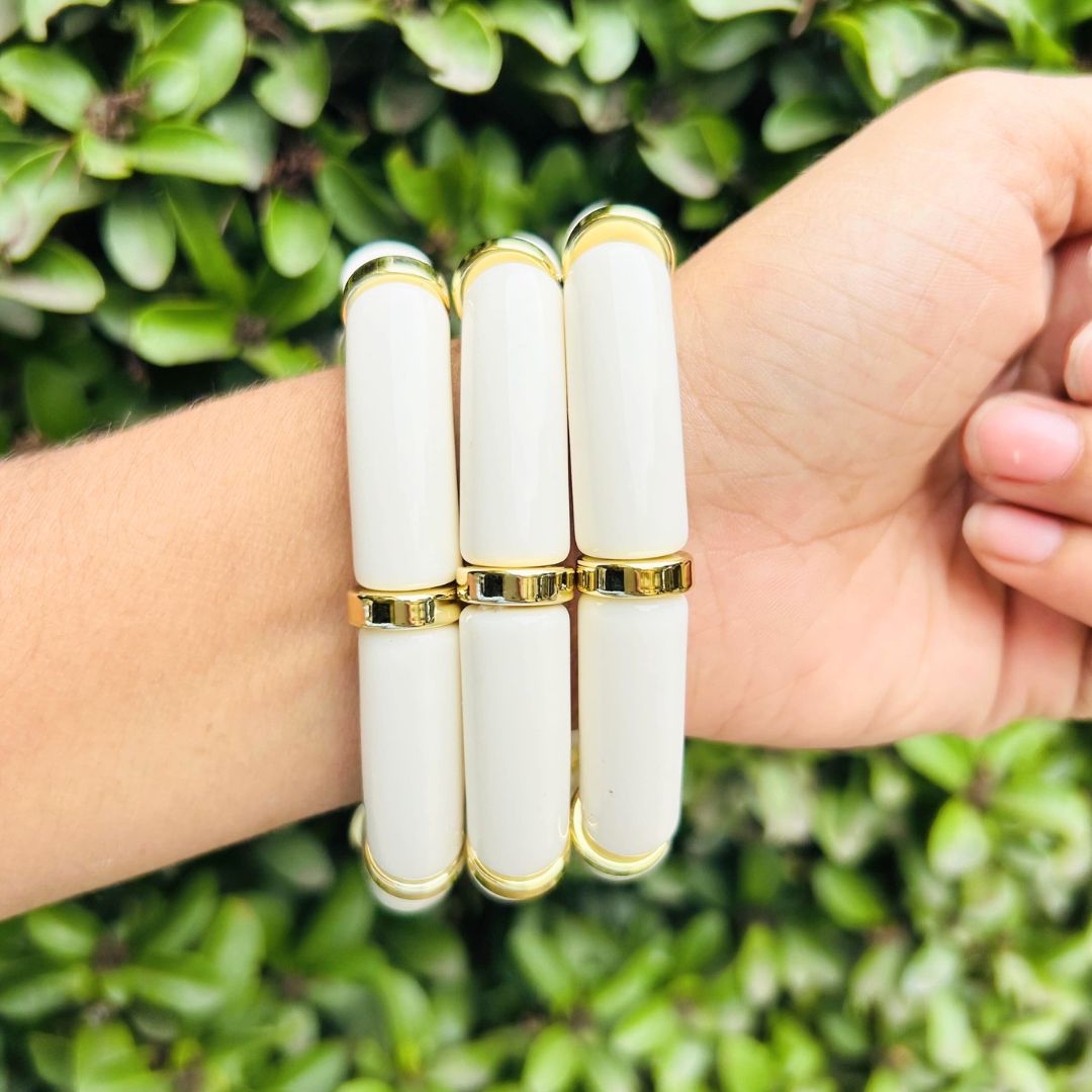 Vintage Acrylic Bracelet Set - White And Brown