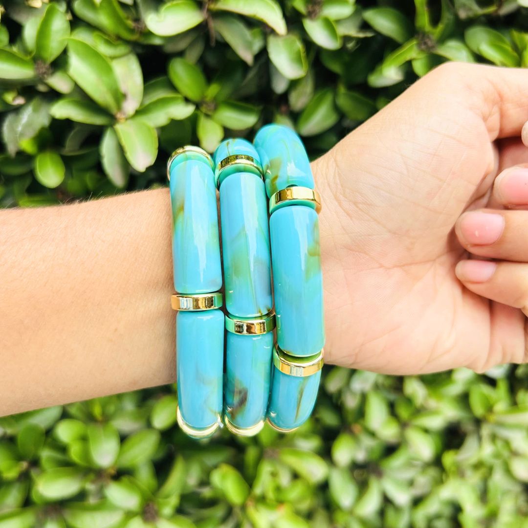 Vintage Acrylic Bracelet Set  -Brown, Turquoise And White
