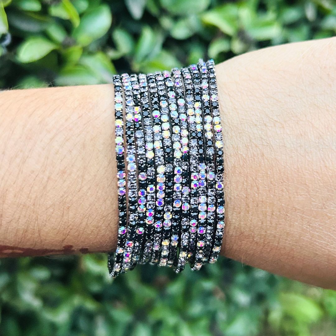 Stretchable Black White Rhodium - Plated Bracelet - Pack of 12