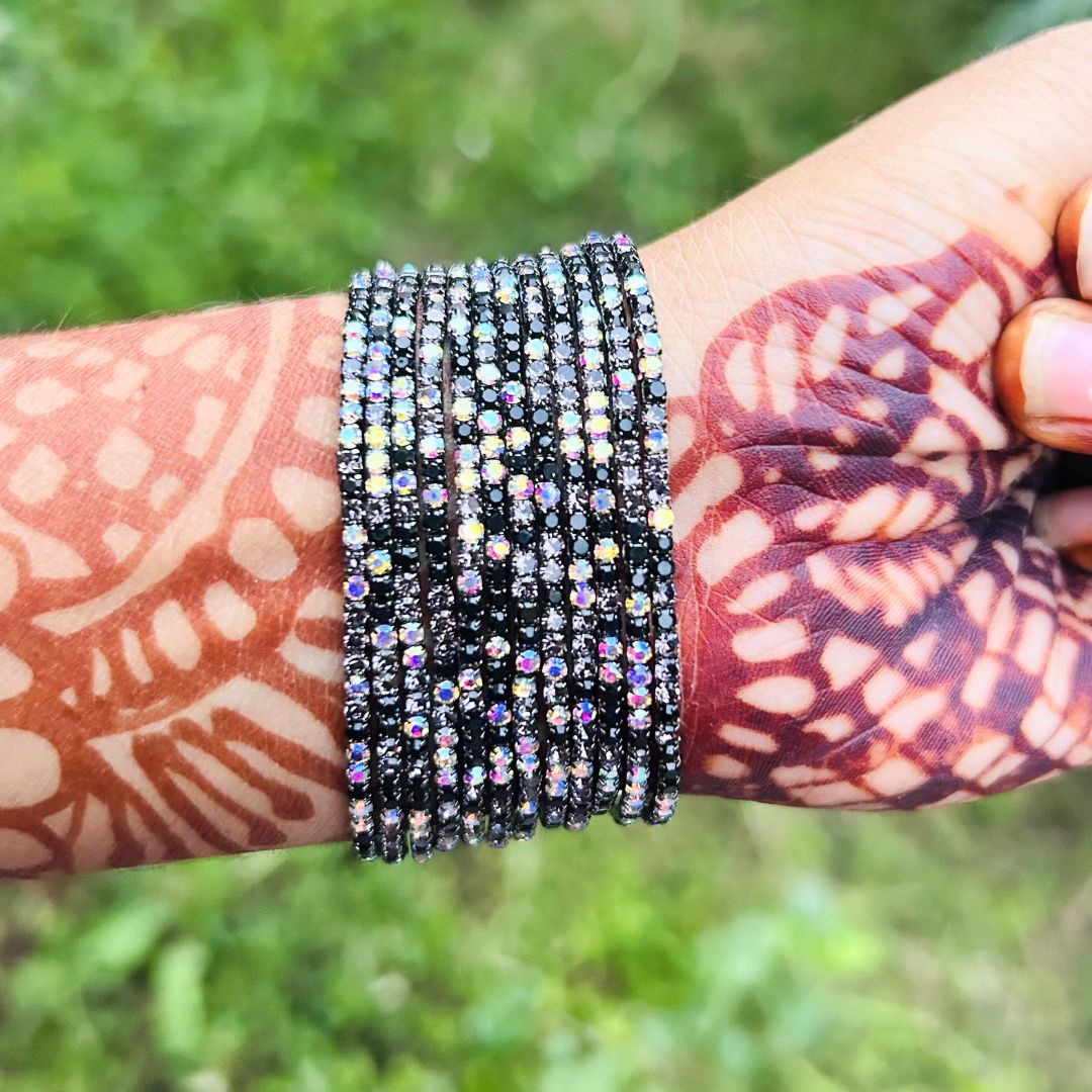 Stretchable Black White Rhodium - Plated Bracelet - Pack of 12