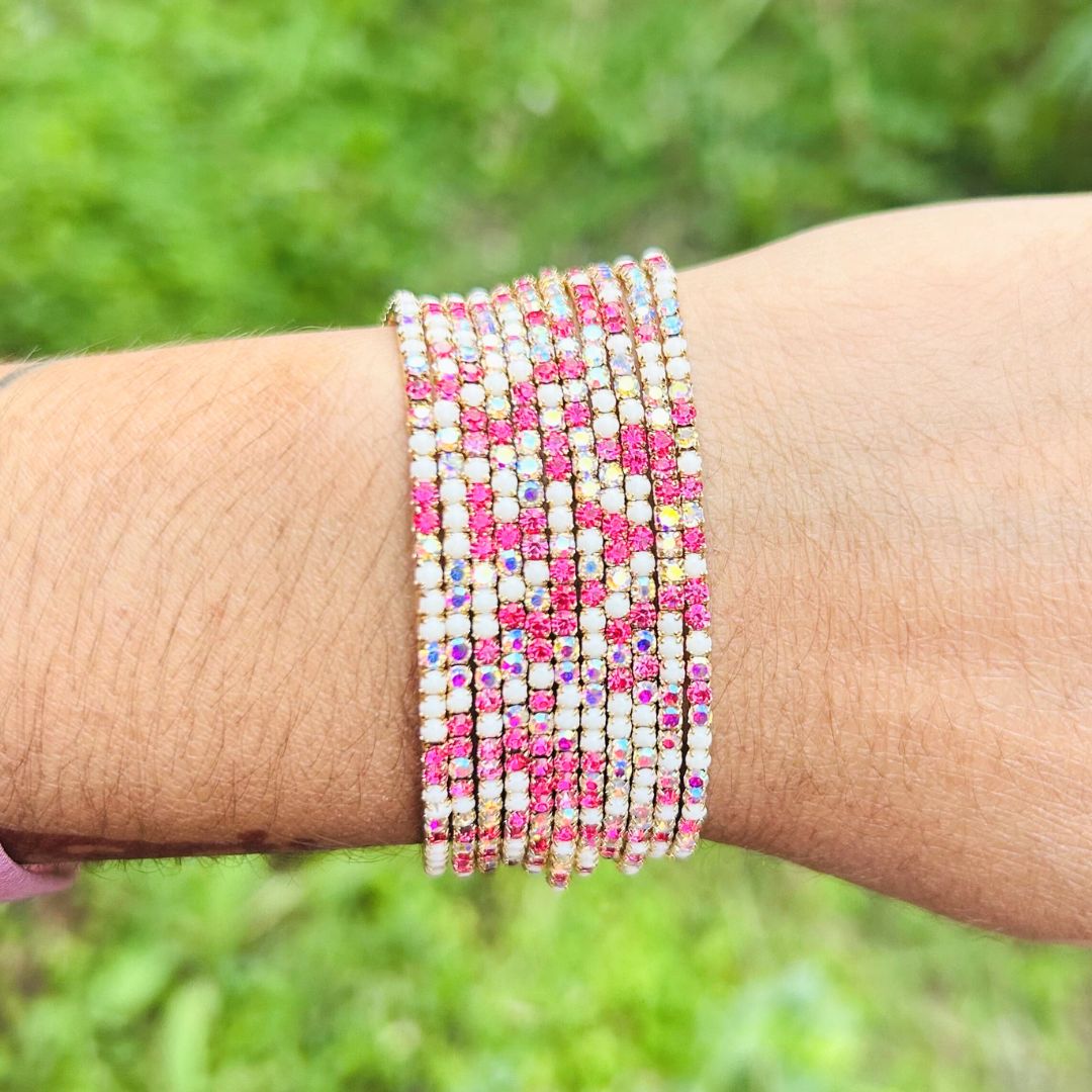 Stretchable Pink White Moonstone Gold- Plated Bracelet - Pack of 12