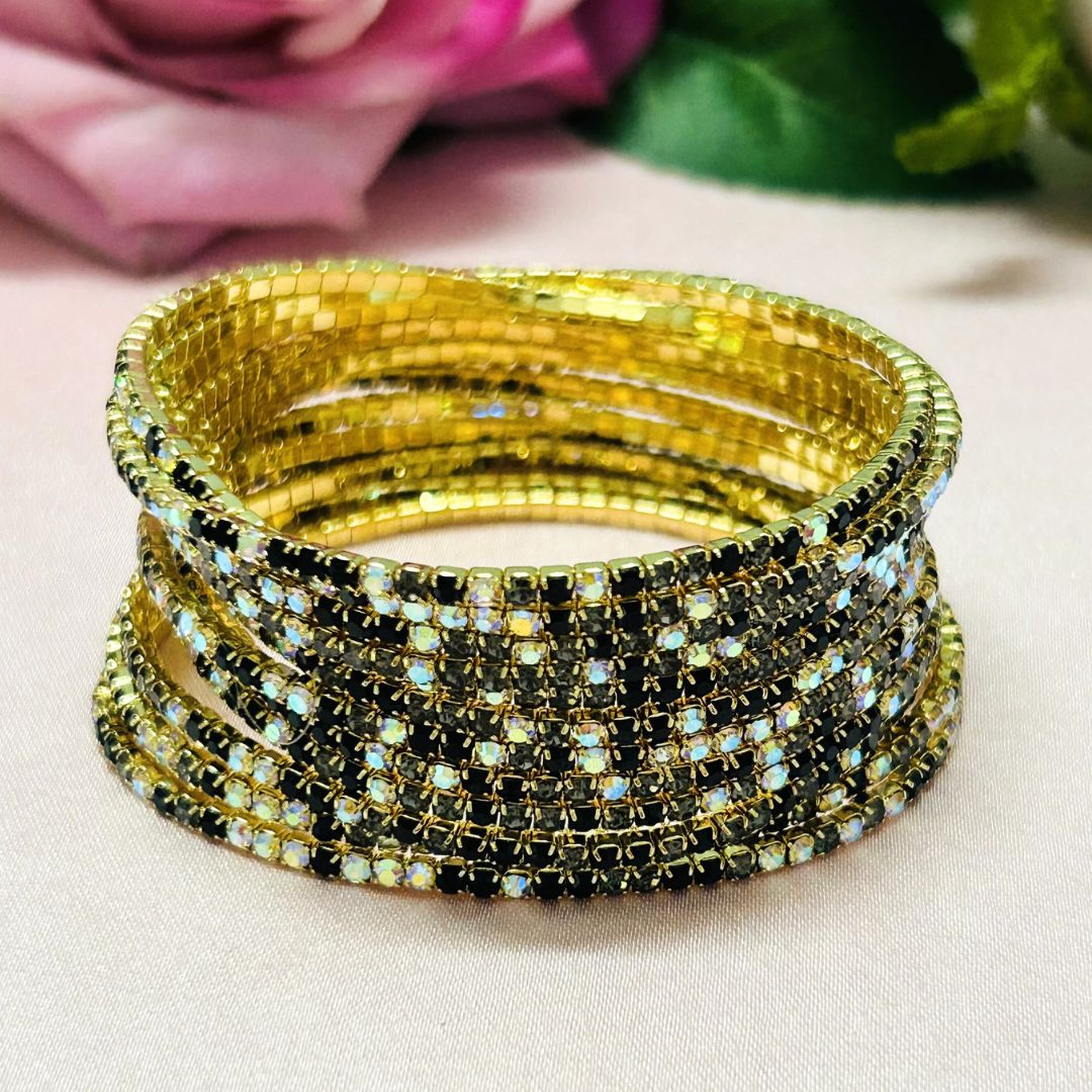 Stretchable Black & White Gold - Plated Bracelet - Pack of 12