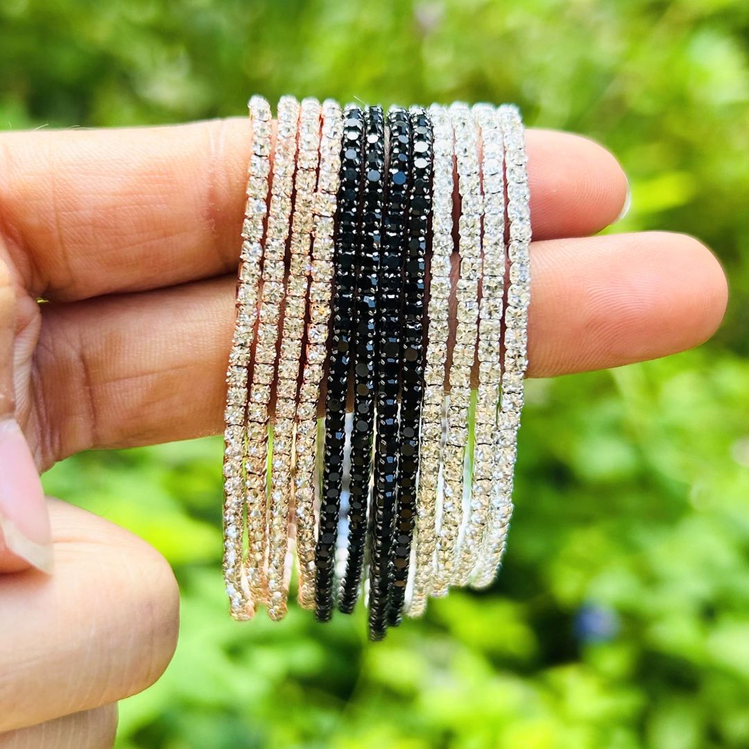 Stretchable Silver, Black and Golden Bracelet  - Pack of 12