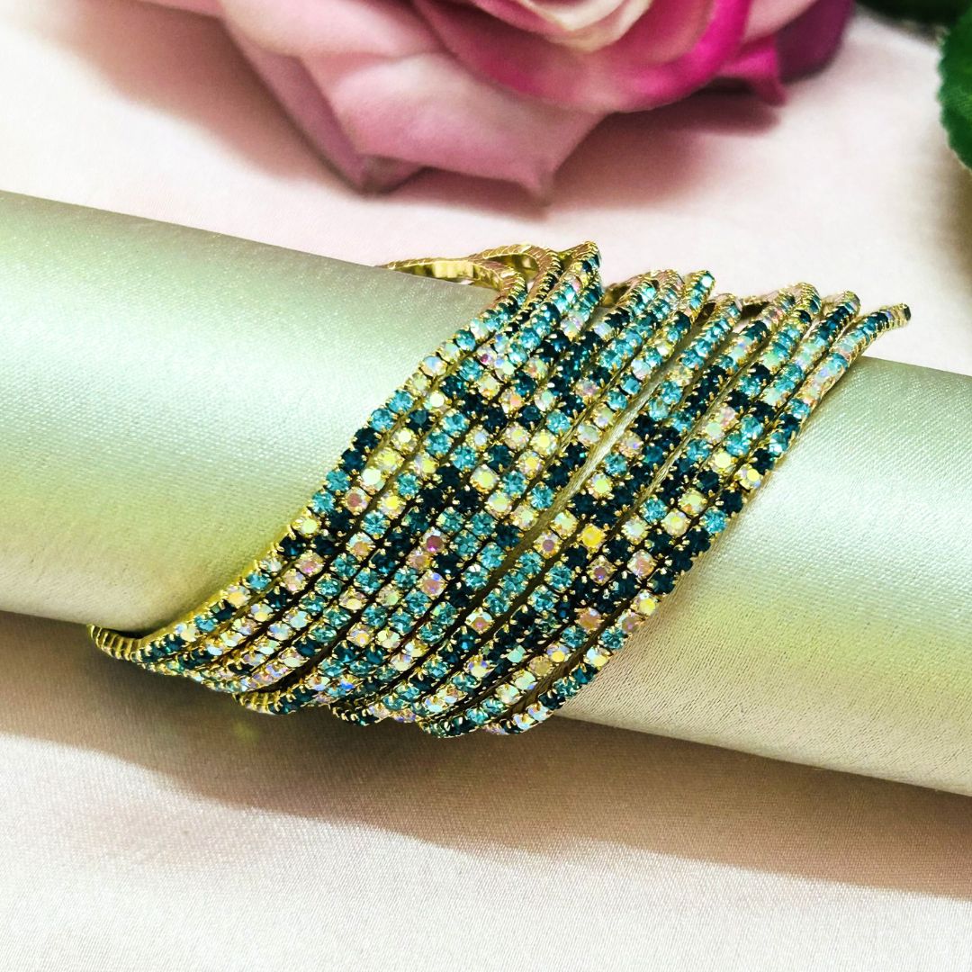 Stretchable Blue Turquoise Gold Plated Bracelet - Pack of 12