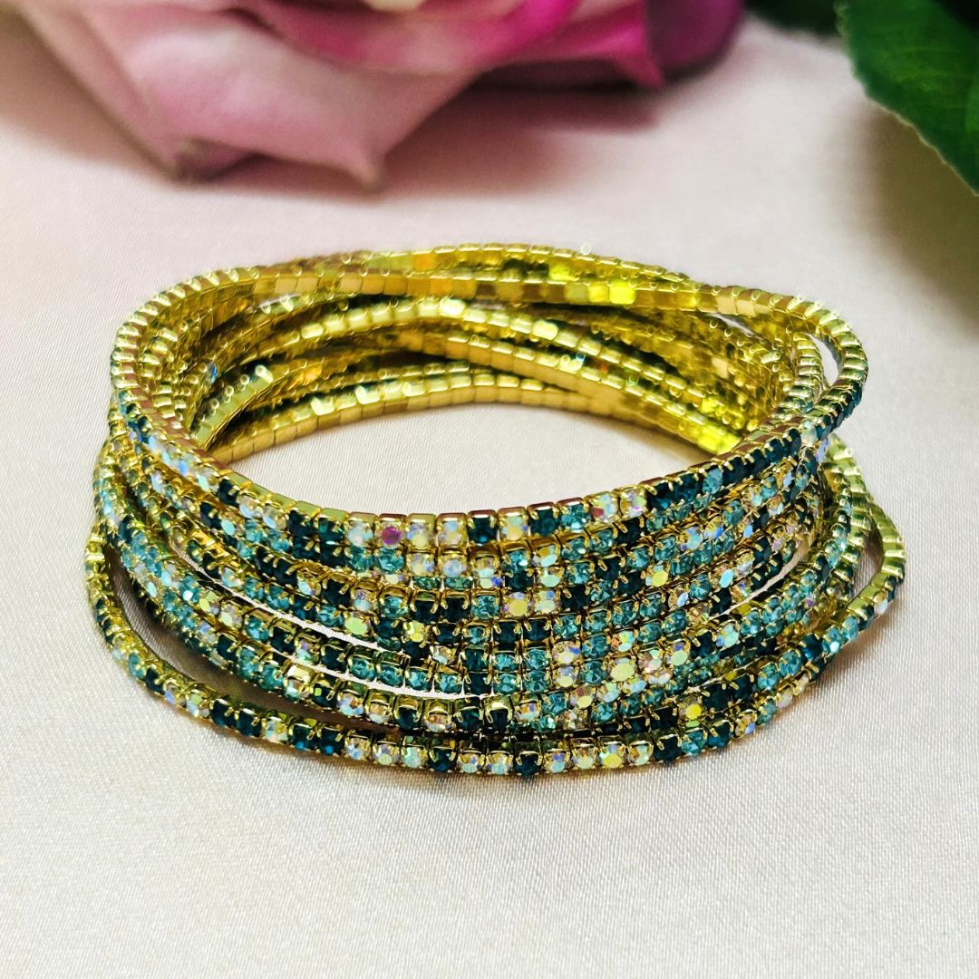 Stretchable Blue Turquoise Gold Plated Bracelet - Pack of 12