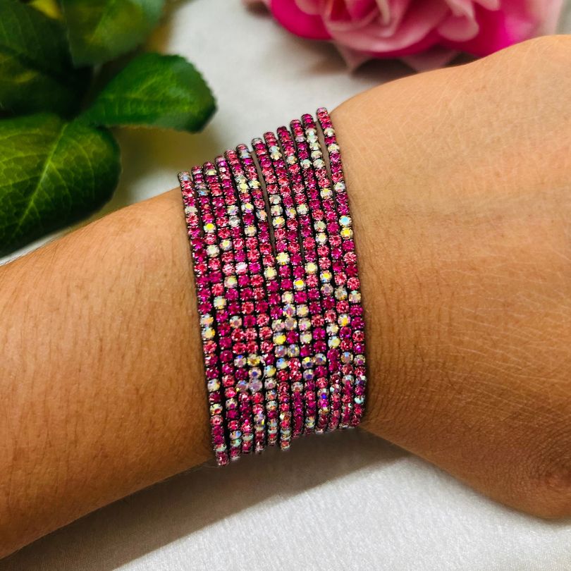 Stretchable Multi Pink Rhodium - Plated Bracelet - Pack of 12