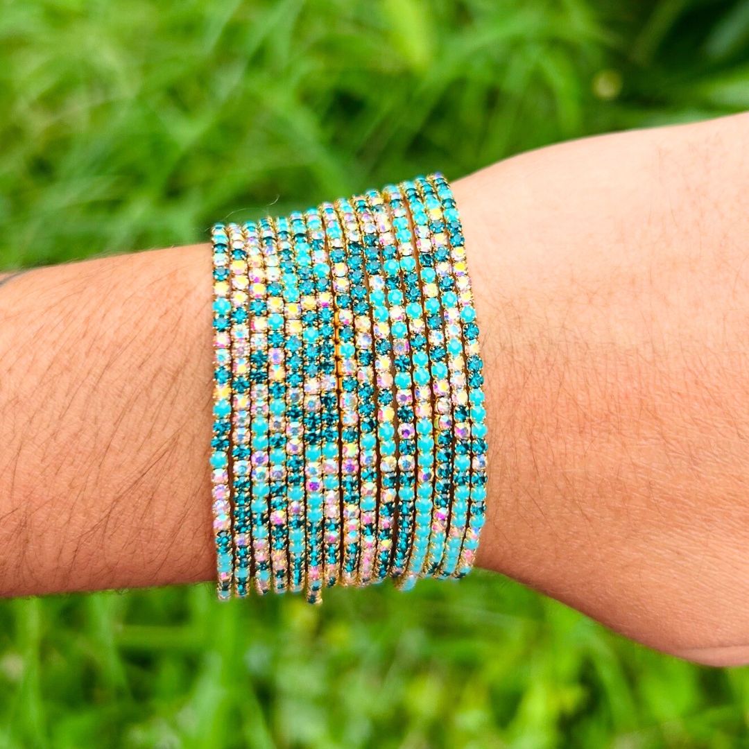 Stretchable Blue Turquoise Gold Plated Bracelet - Pack of 12