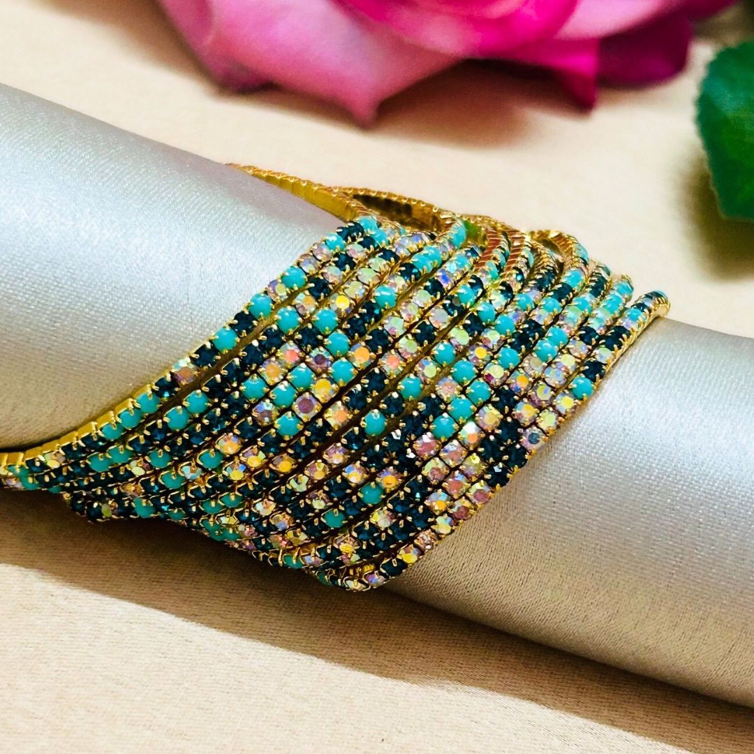 Stretchable Blue Turquoise Gold Plated Bracelet - Pack of 12