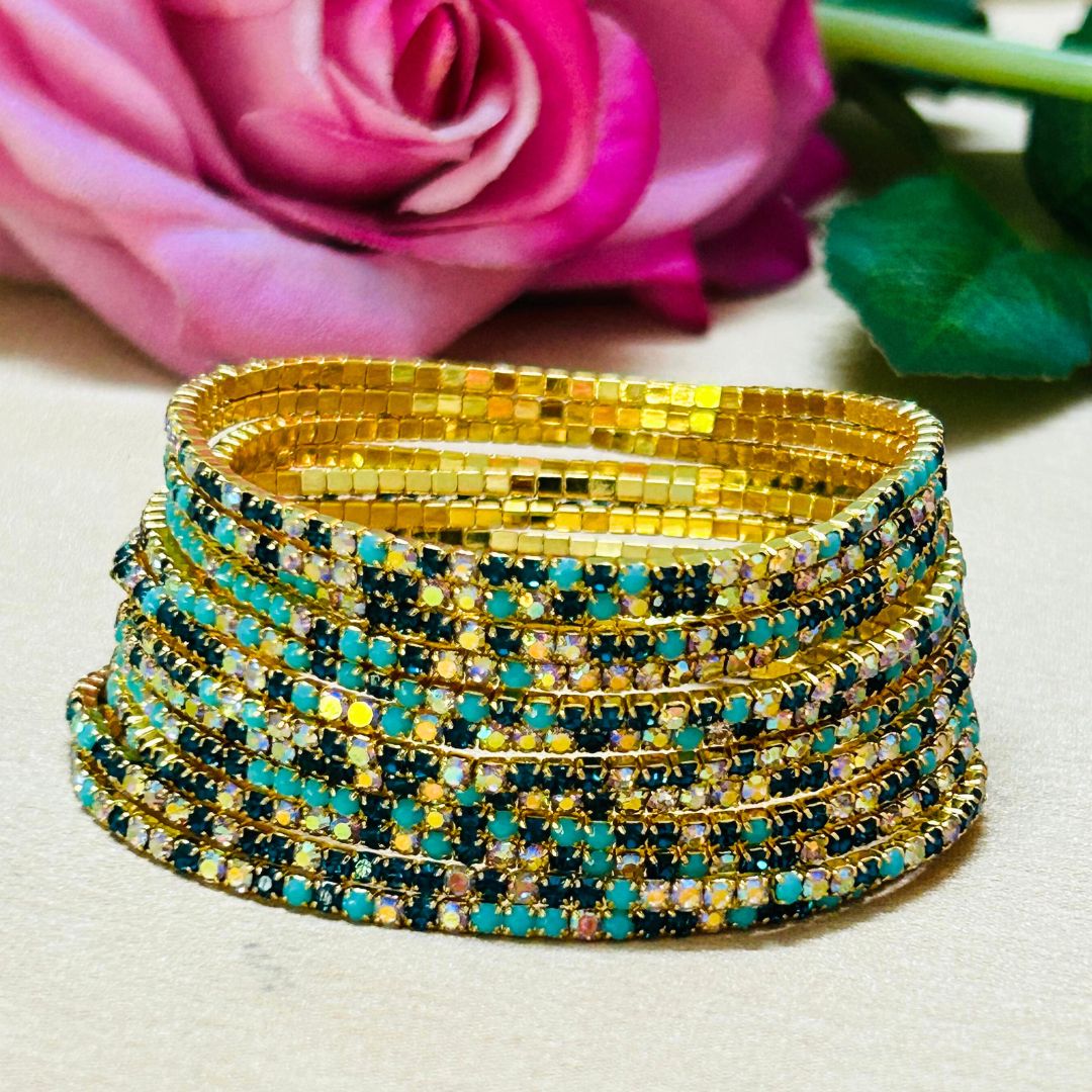 Stretchable Blue Turquoise Gold Plated Bracelet - Pack of 12