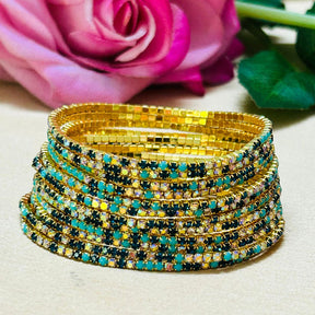 Stretchable Blue Turquoise Gold Plated Bracelet - Pack of 12