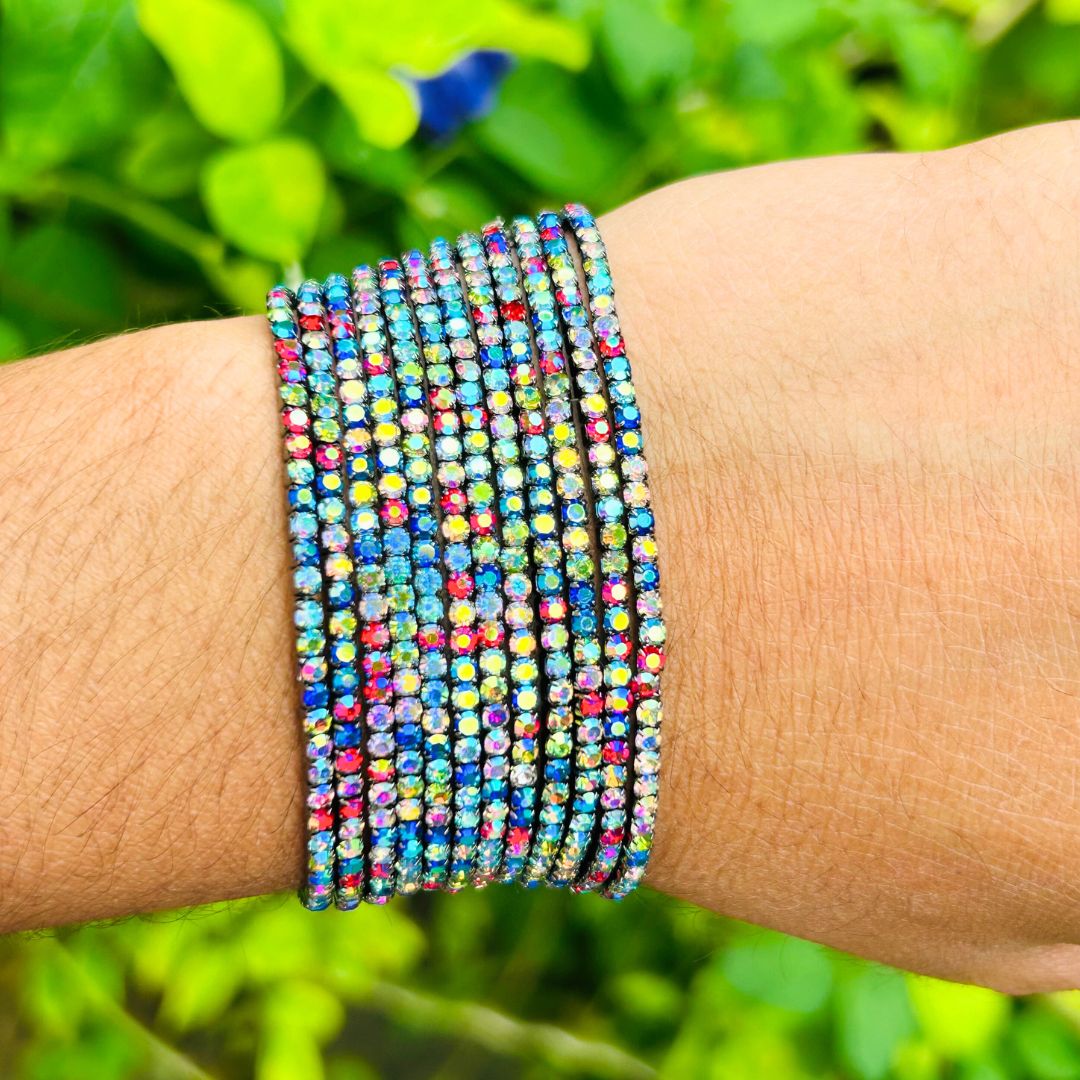 Stretchable Rainbow Multicolor Rhodium- Plated Bracelet - Pack of 12
