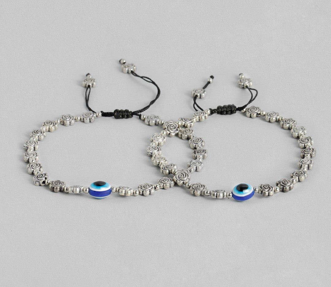LAIDA Set of 2 German Silver Silver-Plated Oxidised Evil Eye Anklet