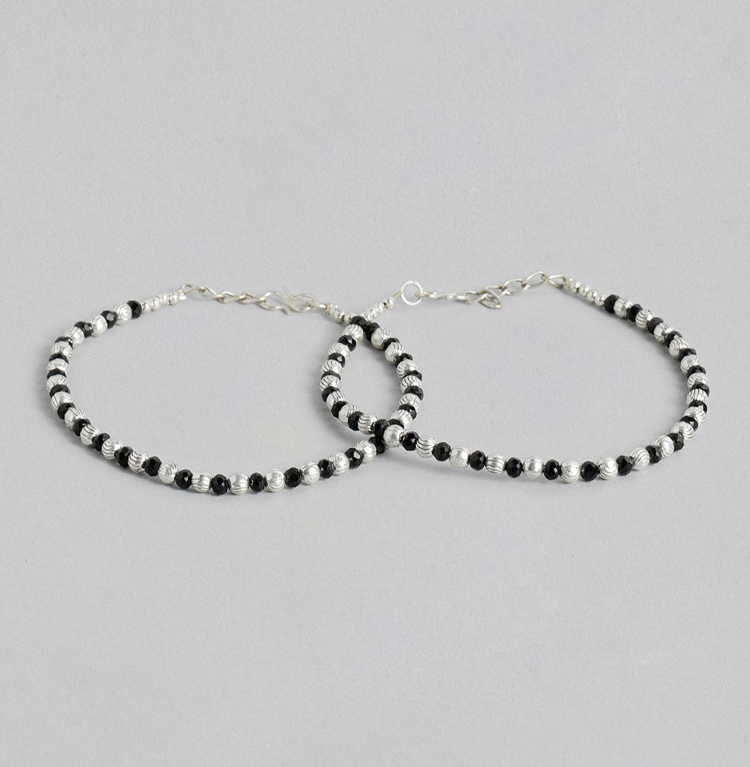 LAIDA Set of 2 German Silver Silver-Plated Oxidised Beaded Anklet
