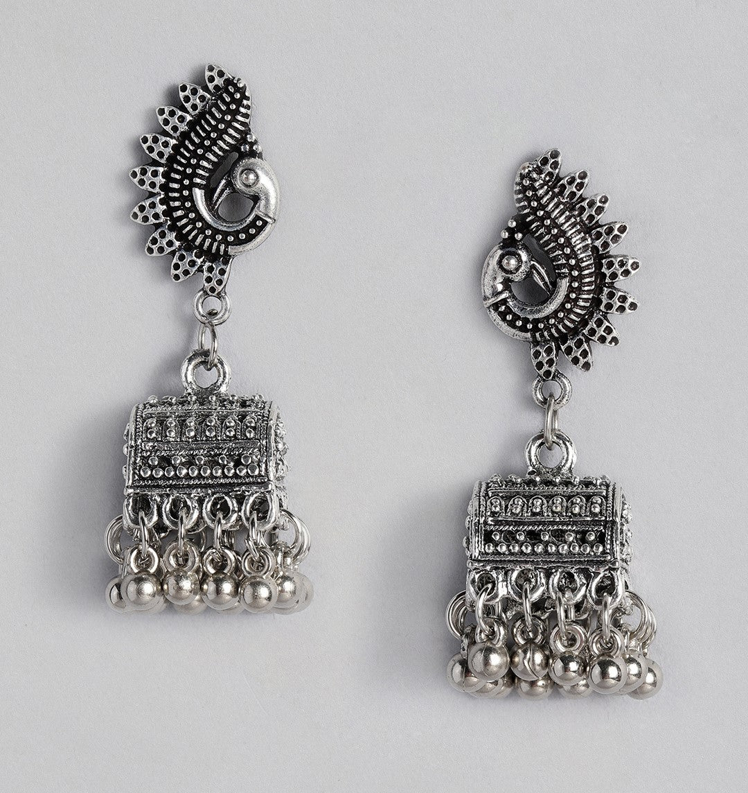 Laida Silver-Plated Oxidised Contemporary Jhumkas Earrings