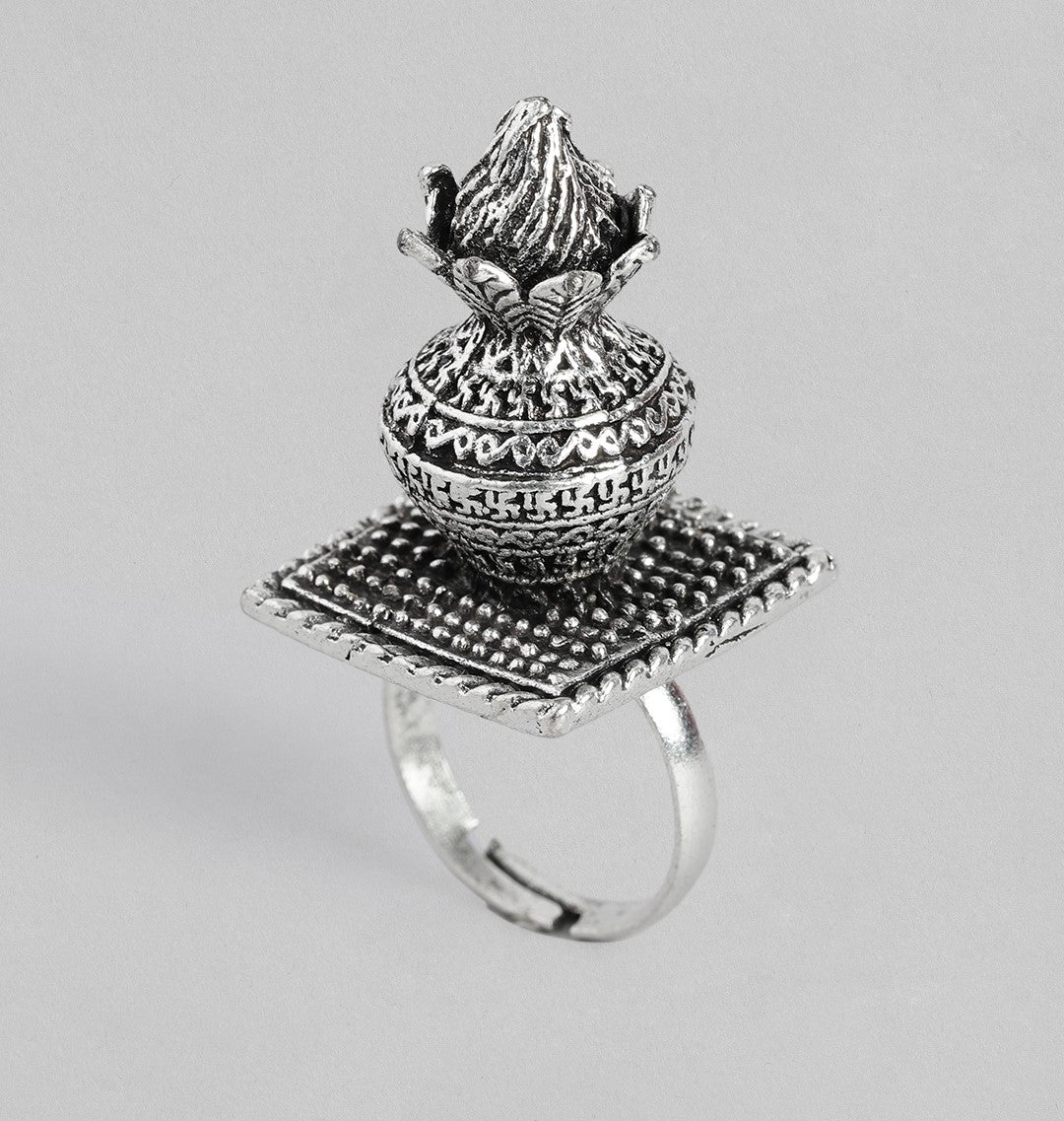 Laida Women Silver-Plated Kalash Oxidised Adjustable Finger Ring