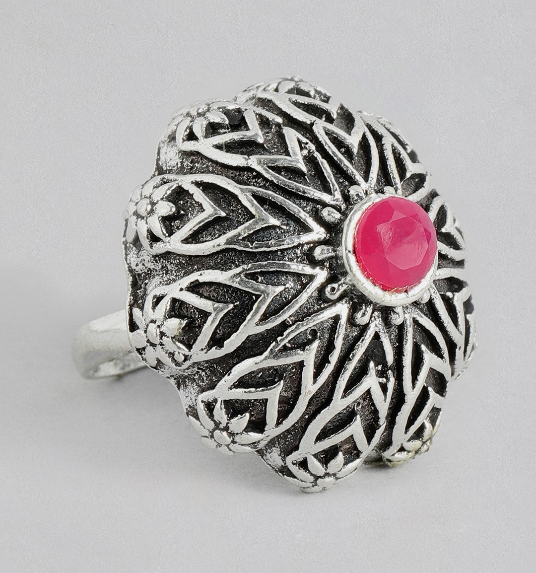 Laida Silver-Plated Artificial Stone-Studded Oxidised Adjustable Finger Ring