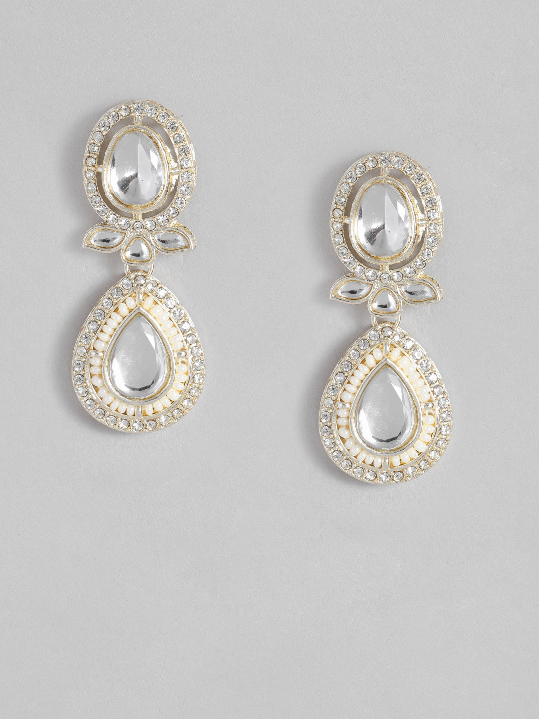 Gold-Plated Artificial Stones-Studded Teardrop Shaped Drop Earrings