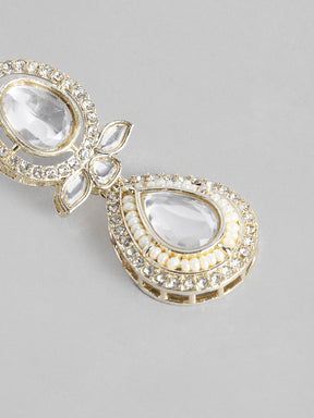 Gold-Plated Artificial Stones-Studded Teardrop Shaped Drop Earrings