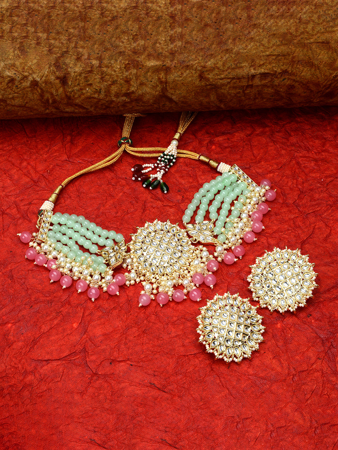 LAIDA Gold-Plated Stone-Studded & Pearl Beaded Jewellery Set