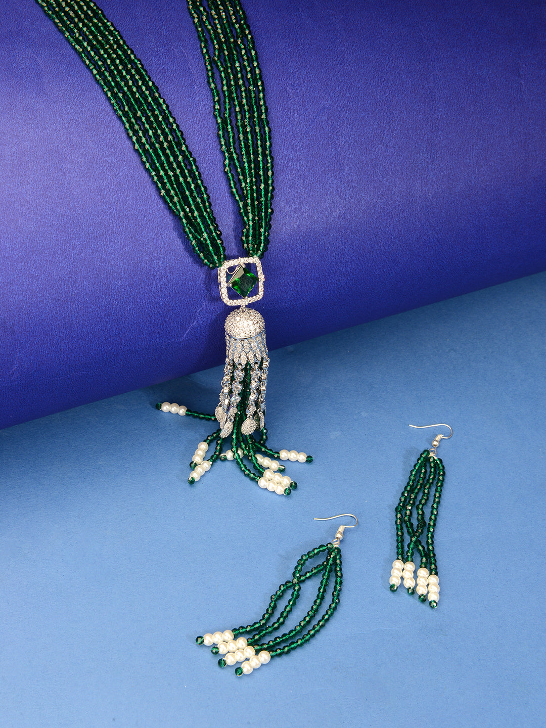 American Diamond Emerald Necklace with Earrings