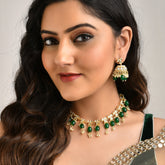 Laida Gold-Plated Green Kundan-Studded & Beaded Jewellery Set