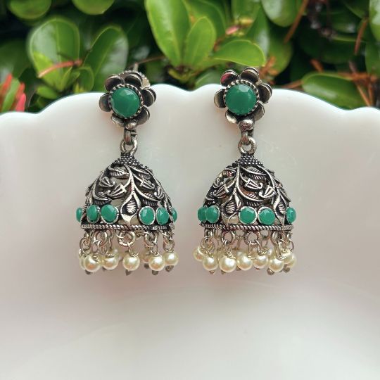 Silver-Plated Oxidised Classic Jhumkas Earrings