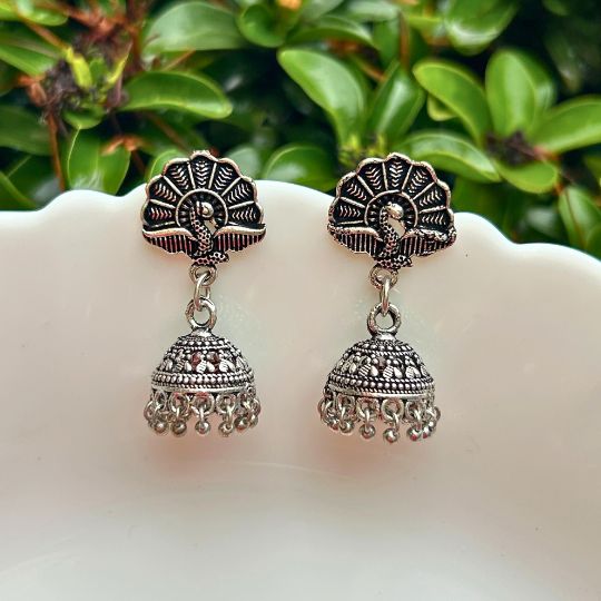 Silver-Plated Oxidised Classic Jhumkas Earrings