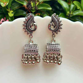 Silver-Plated Oxidised Contemporary Jhumkas Earrings