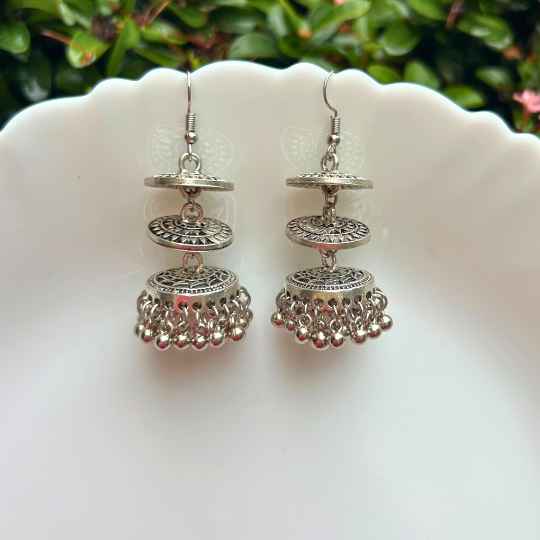 Silver-Plated Oxidised Layered Jhumkas