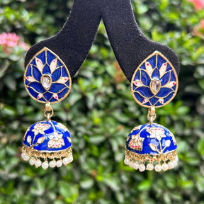 Navy Blue & Gold-Plated Enameled Meenakari Dome Shaped Jhumkas