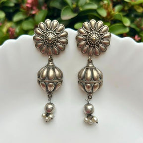 Silver-Plated Oxidised Floral Drop Earrings