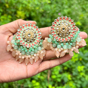 Peach-Coloured & Sea Green Circular Drop Earrings