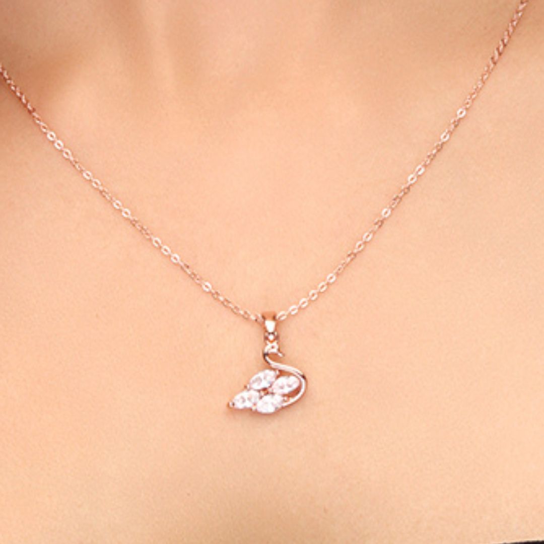 Laida Women Rose Gold-Plated & White AD-Studded Swan Pendant With Chain