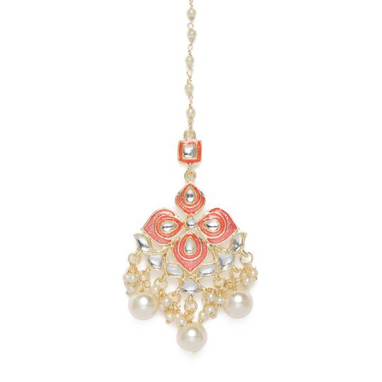 Laida Pink Gold-Plated Enamelled Handcrafted Kundan & Pearl Maang Tikka