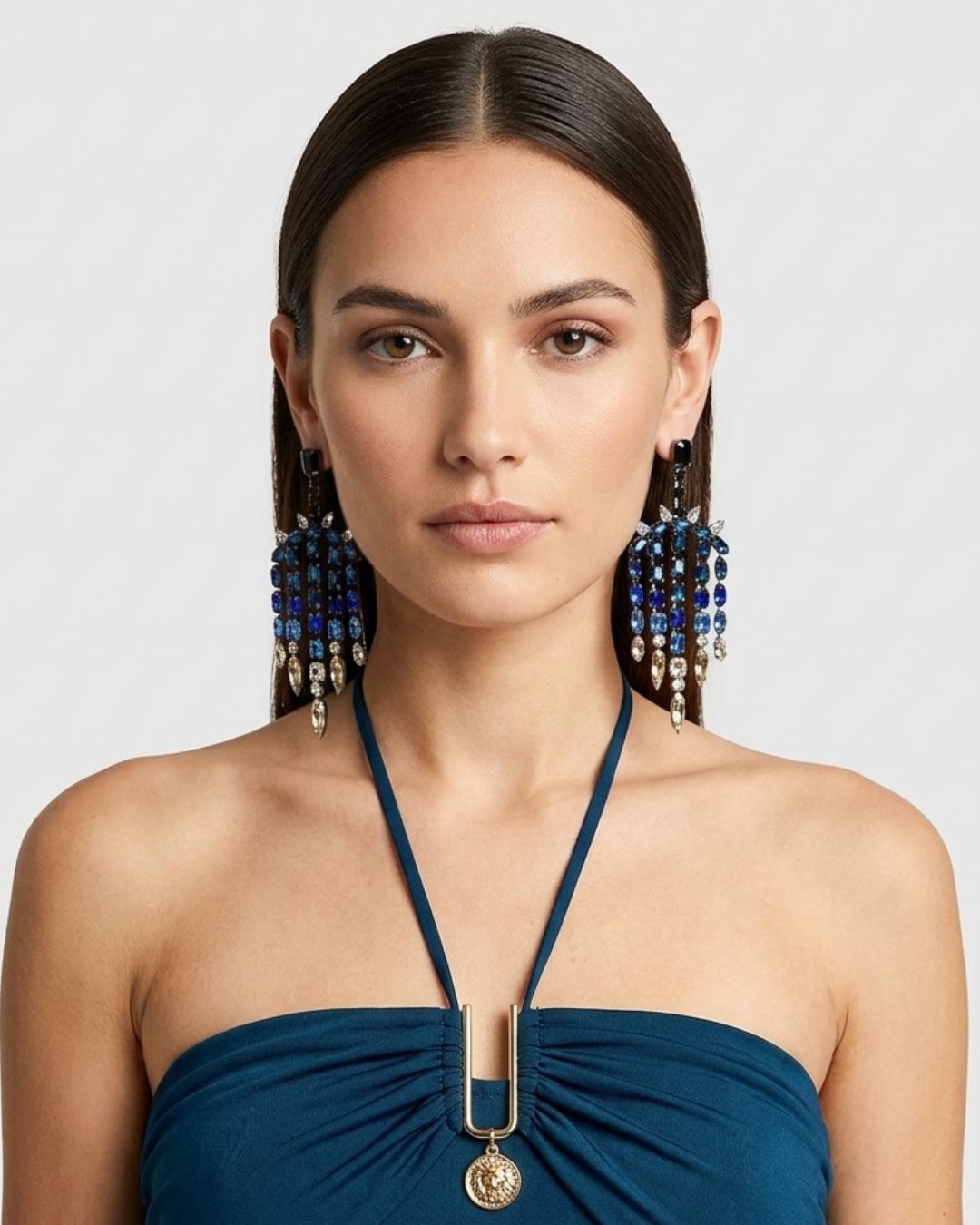 Blue Crystals Diamond Tassel Drop Earrings